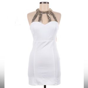TOBI White Sleeveless Sexy Dress with Gold Sequin Cut Outs and Open Back, M